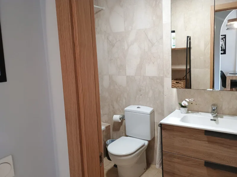Baño con mueble de madera y espejo