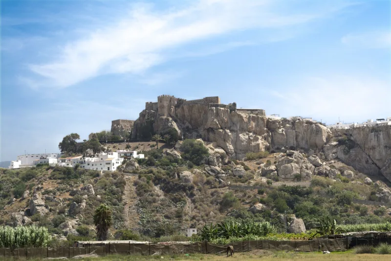 El castillo árabe de Salobreña sobre el pueblo, visto desde la vega